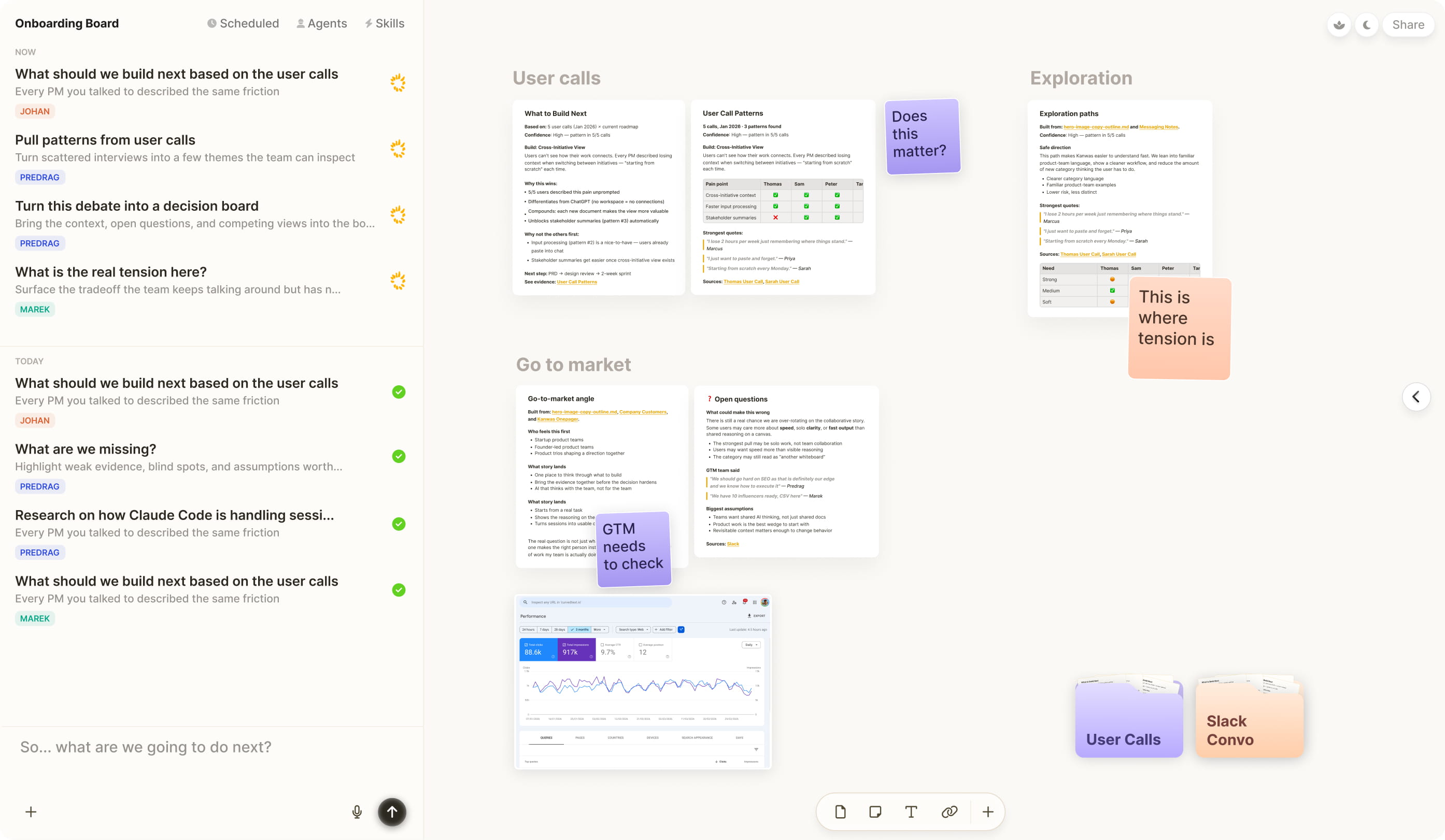 Kanwas product canvas with onboarding board, shared notes, and stakeholder context